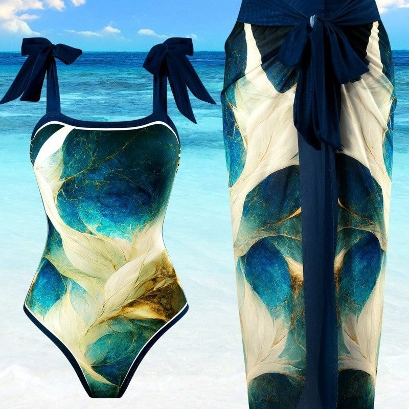 Women’s One-Piece Swimsuit with Mesh Long Skirt – 2-Piece Beach Set