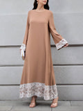 Women's Loose Long Sleeve Maxi Dress with Lace Hem, Solid Color Casual Long Dress