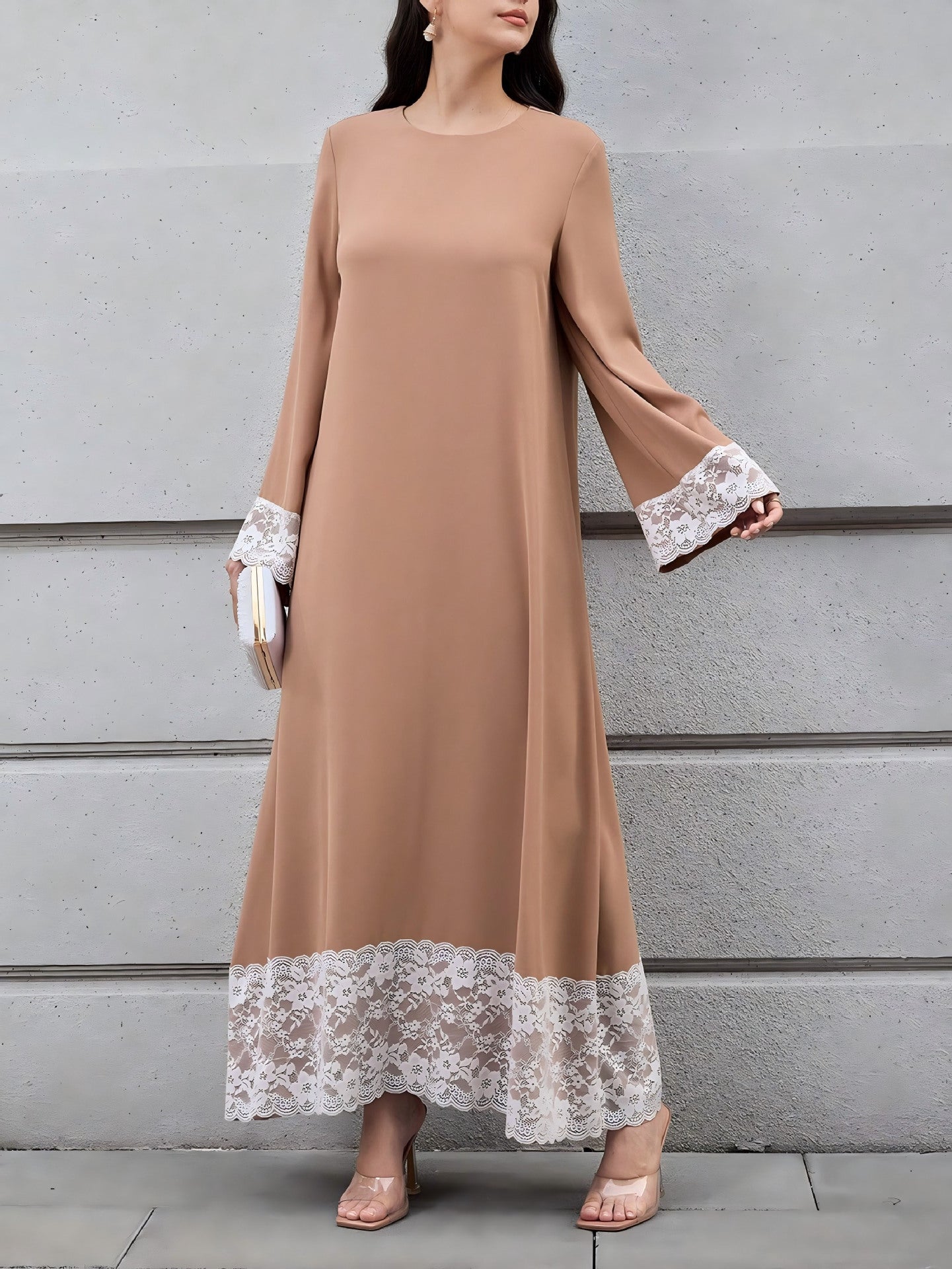 Women's Loose Long Sleeve Maxi Dress with Lace Hem, Solid Color Casual Long Dress