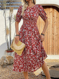 Women's Floral Puff Sleeve Summer Waist Tie Midi Dress with Flared Skirt