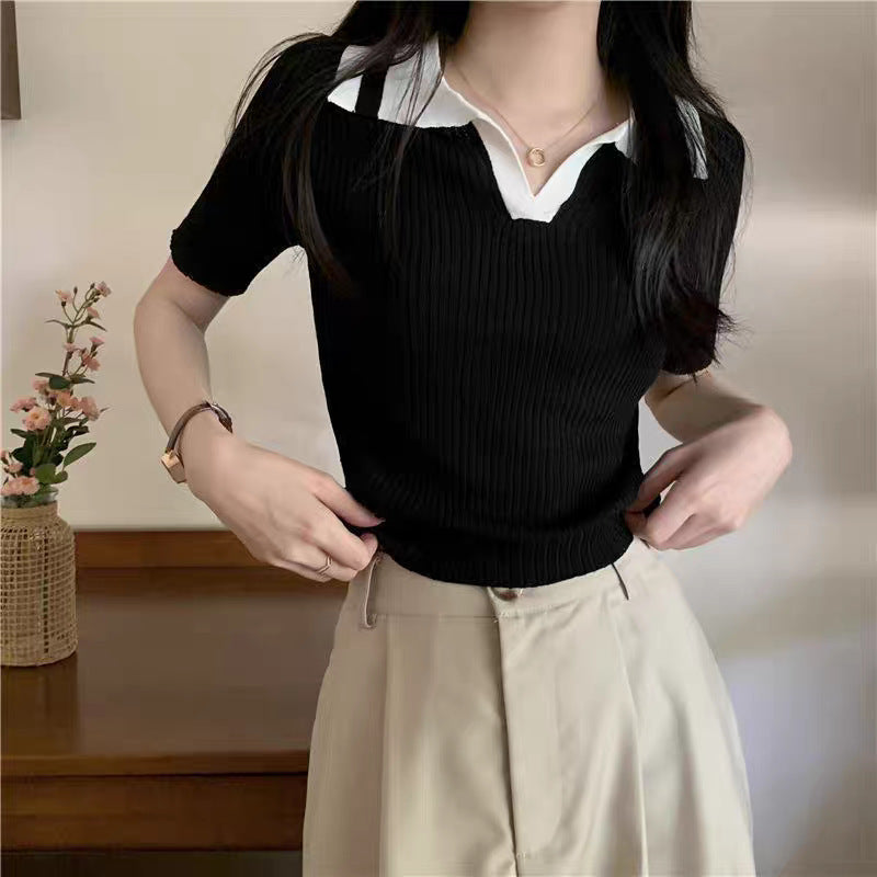Color-Blocked Polo Collar Knitted Short-Sleeve T-Shirt for Women - Perfect for Summer
