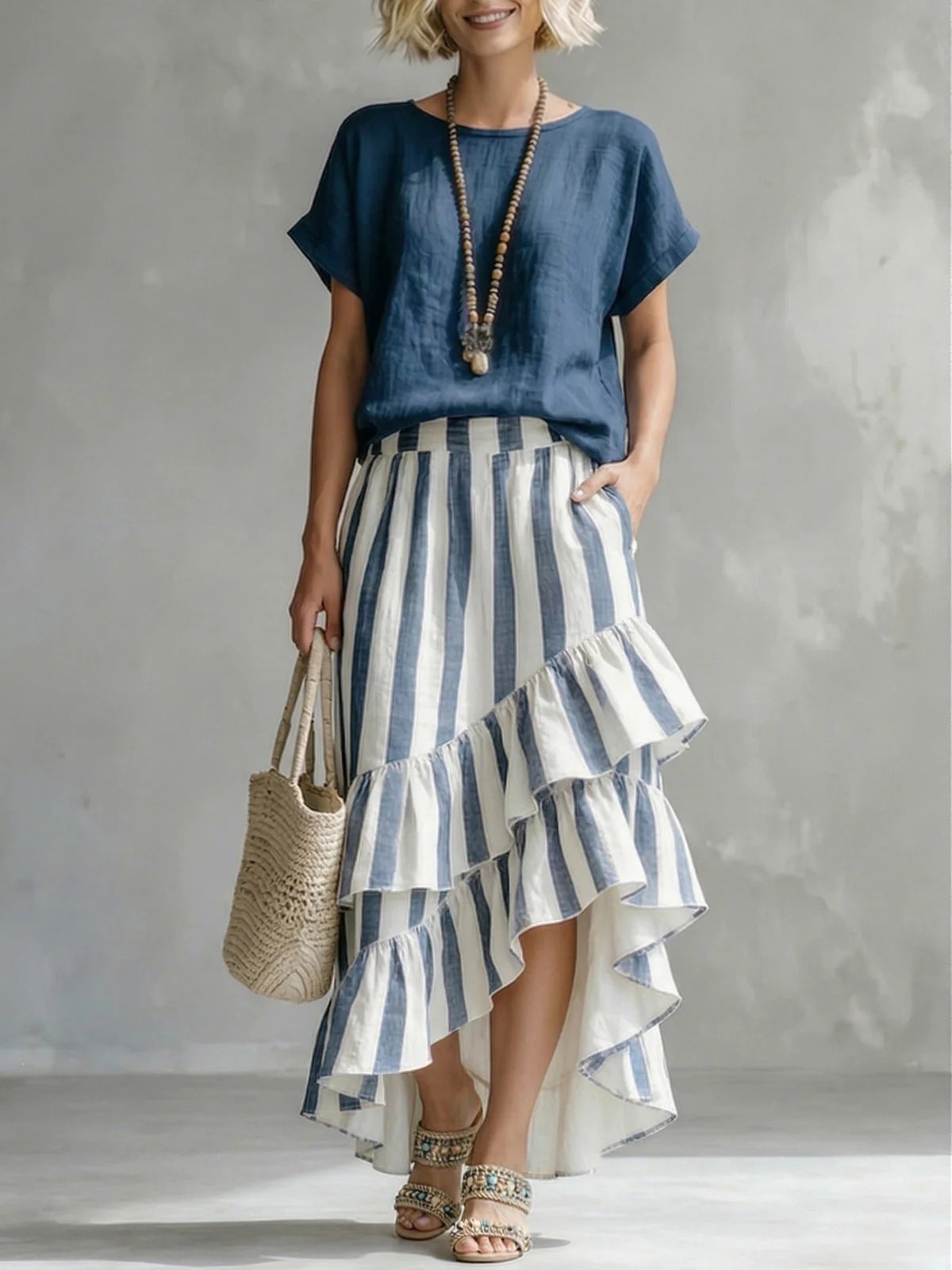 Women's Round-Neck Top and Striped Layered Skirt Two-Piece Set