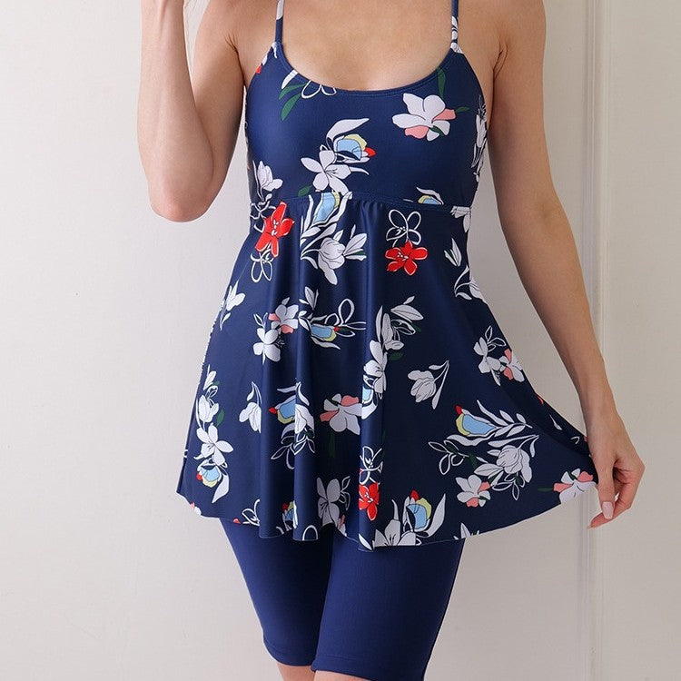 New Digital Print Sling Slim-Fit High Waist Split Swimsuit with Short Skirt Design