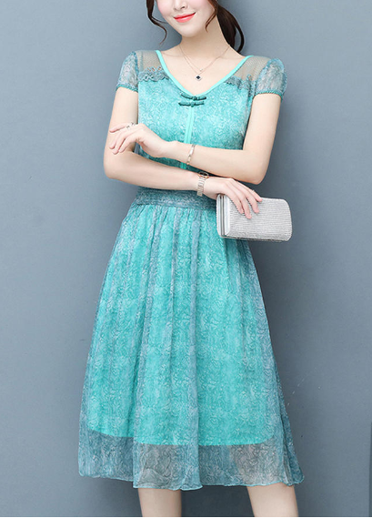 Women Chiffon Lace Sleeve Party Dress