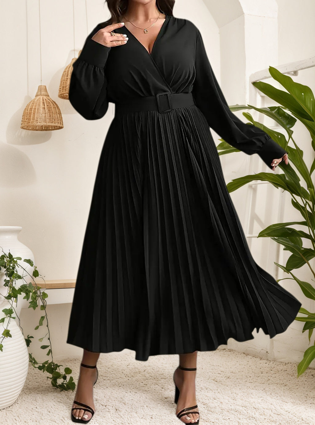 Women's Autumn Winter V-Neck Pleated Dress with Belt Large Hem Casual Plus Size Long Sleeve Fashion Midi Dress