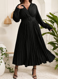 Women's Autumn Winter V-Neck Pleated Dress with Belt Large Hem Casual Plus Size Long Sleeve Fashion Midi Dress