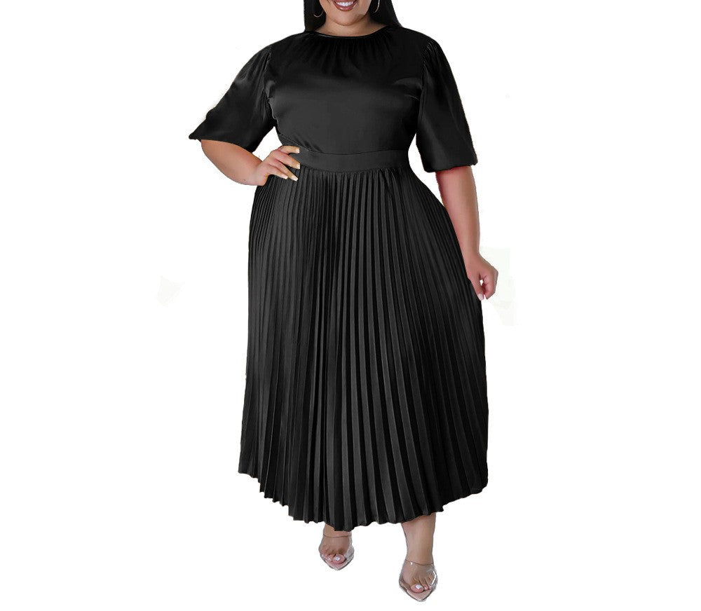 Plus Size Women's Autumn Winter Pleated Long Dress – Short Sleeve Round Neck Elegant Casual Maxi Dress