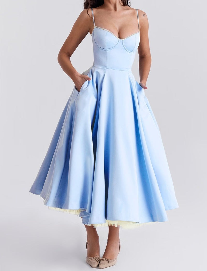 Women's V-Neck Waist-Defined Sleeveless Backless Suspender Dress
