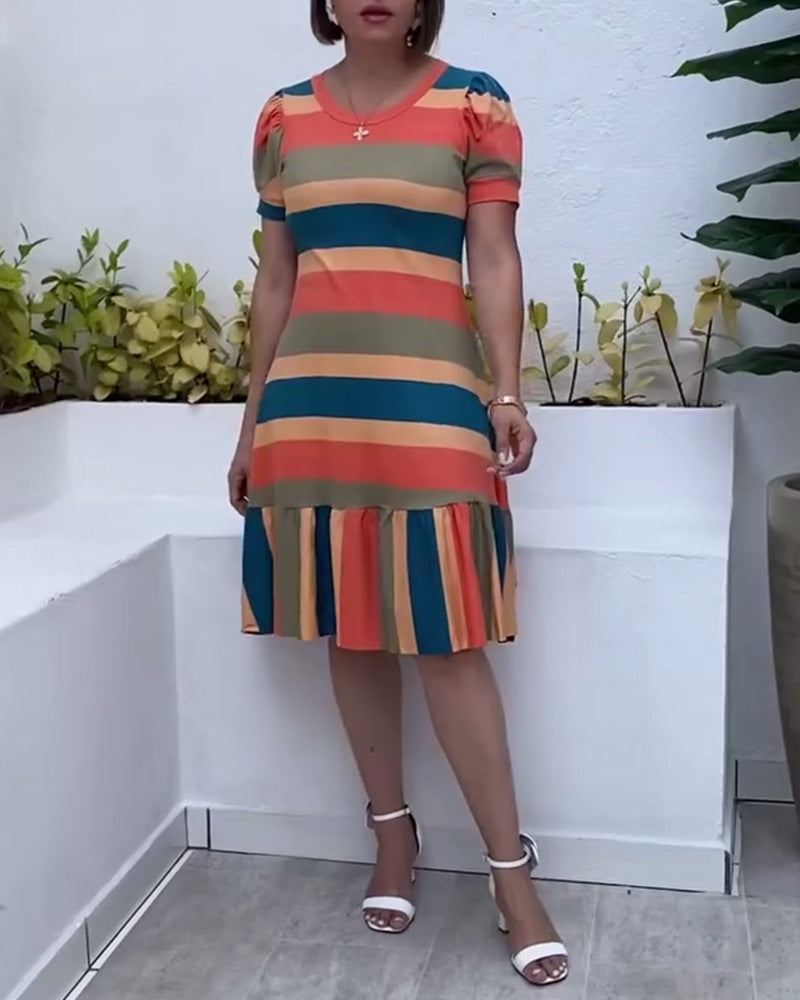 Women's Printed Round Neck Short Sleeve Contrast Color Casual Dress