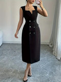 Women's Summer Elegant V-Neck Waist-Defined Split Hem Midi Dress with Modern Slim Fit