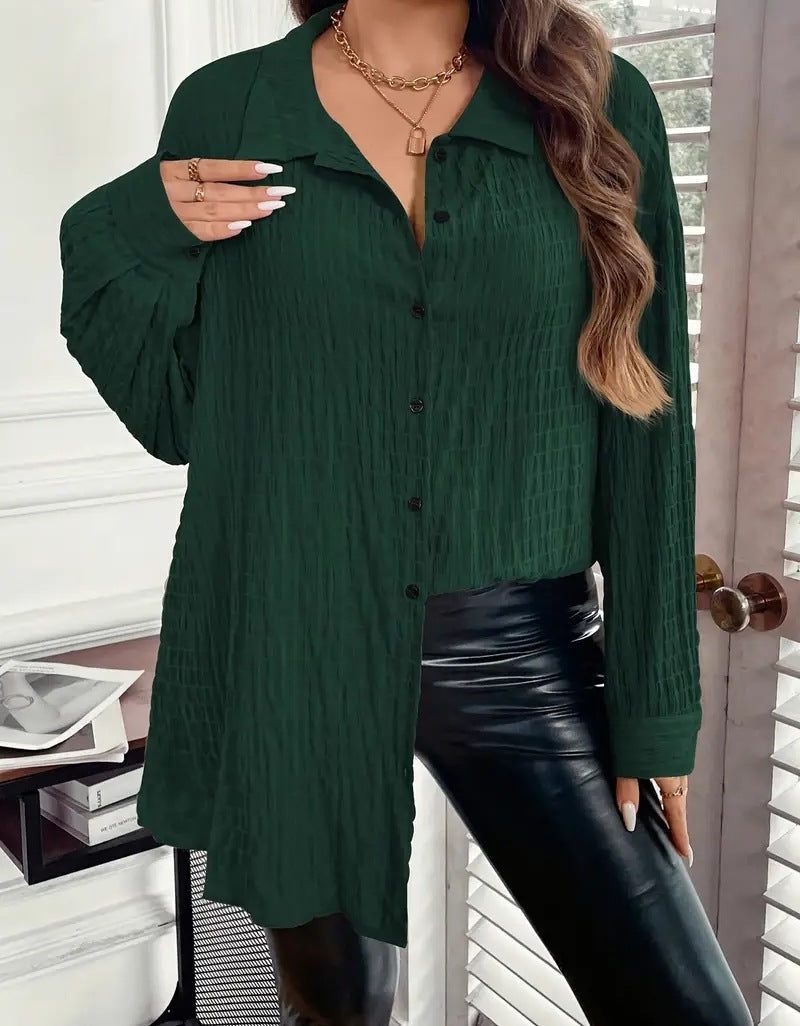 Women's Solid Color Polo Collar Jacket – Fashion Casual Plus Size Long Sleeve Top