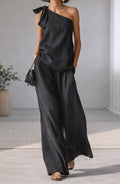 Women's Sleeveless One-Shoulder Tie Detail Top and Wide-Leg Pants Two-Piece Outfit Set