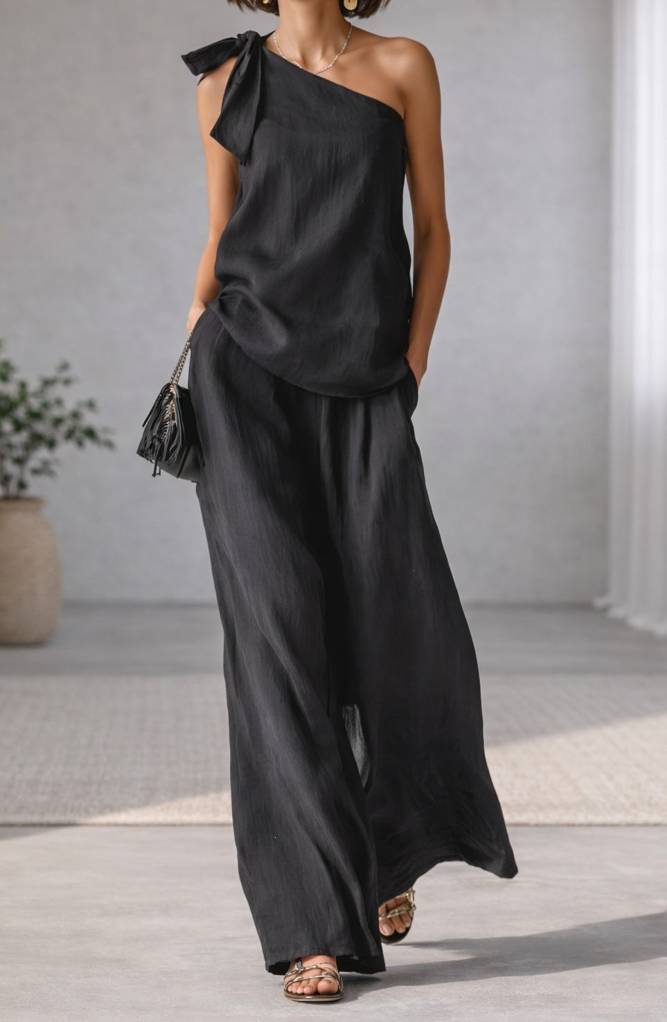 Women's Sleeveless One-Shoulder Tie Detail Top and Wide-Leg Pants Two-Piece Outfit Set