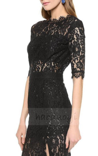 Women Lace Decorated One Side Open Leg Full Length Dress