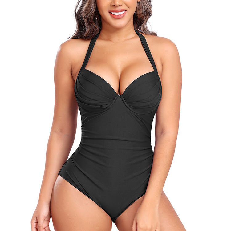Women's Solid Color Halter Triangle One-Piece Swimsuit with Ruched Design
