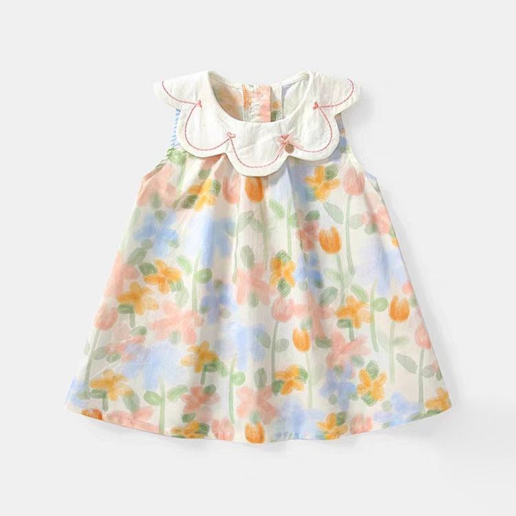 Girls’ Summer Floral Bow Petal Collar Princess Dress - RAC26JP5455BATDAS