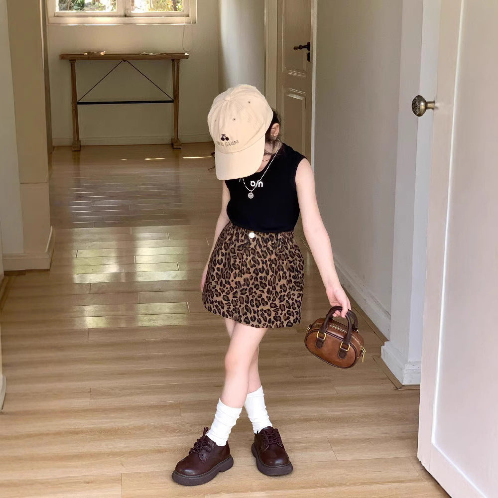 mer Girls’ Outfit Baby Stylish Letter Vest T-Shirt with Leopard Print Short Skirt - RAC26JP5394BATS