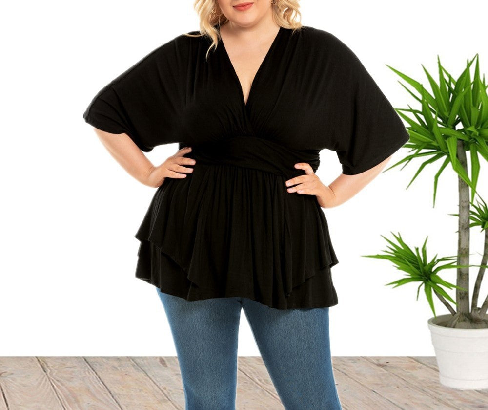 Plus‑Size Women’s Solid Color V‑Neck Loose Fit Top – Summer & Autumn Casual Blouse