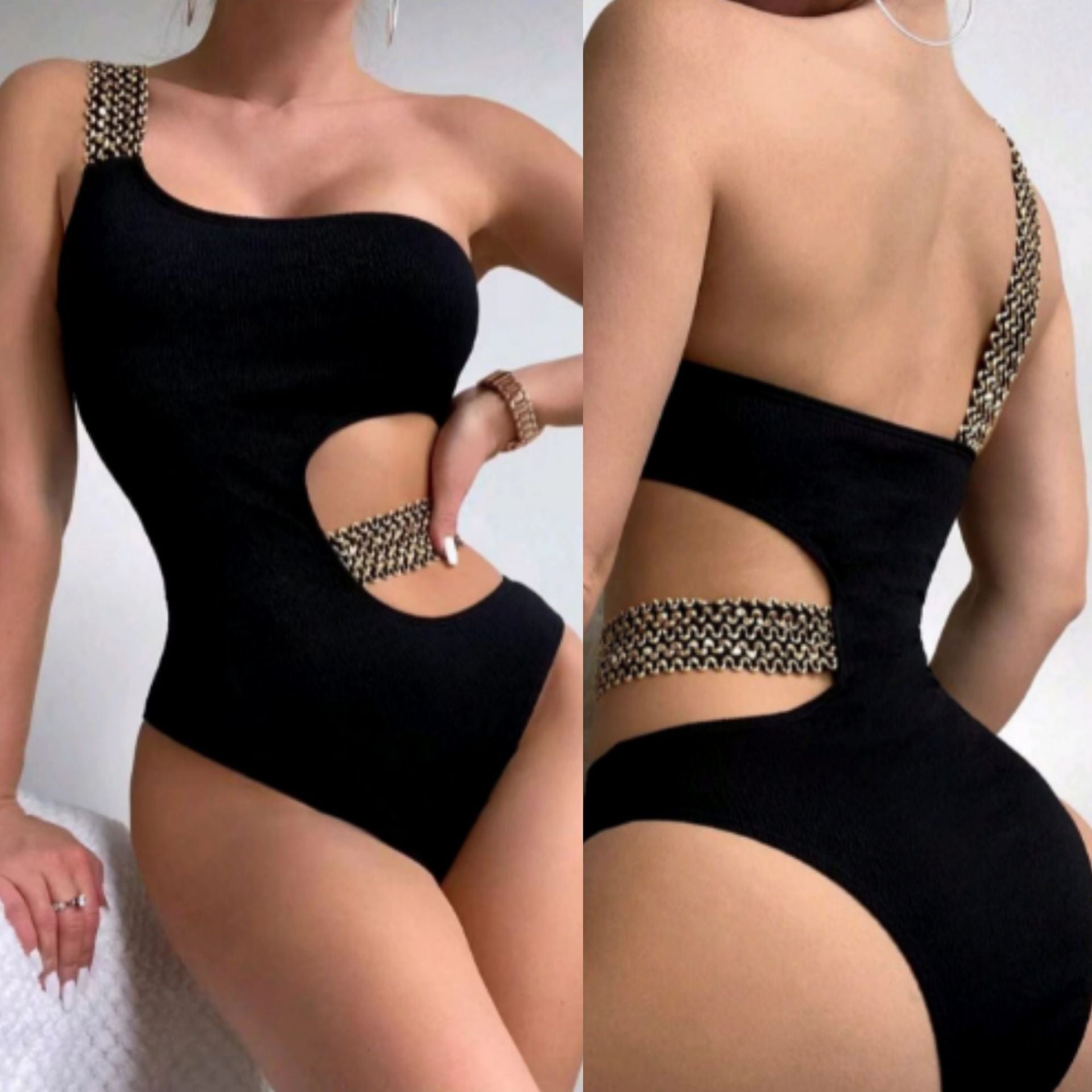 New Solid Color One-Shoulder Hollow One-Piece Bikini Swimsuit