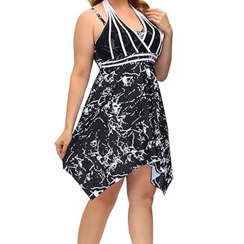 Plus Size High-Waist One-Piece Swimsuit Dress for Women – Conservative, Belly-Covering, Sunscreen Beachwear - RAC25JP2649WPSW
