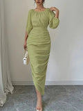 Women's Slim Fit Pleated Solid Color Dress – Elegant Waist Design, Comfortable Everyday Midi Dress