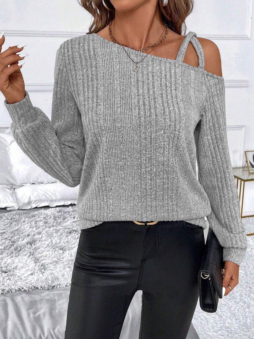 Women's Off-Shoulder Knitted Pullover Sweater, Long Sleeve Solid Color Casual Autumn Winter Warm Lined Top