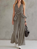 Women's Sleeveless Shirt and High-Waisted Wide-Leg Printed Stripe Pants Two-Piece Outfit Set