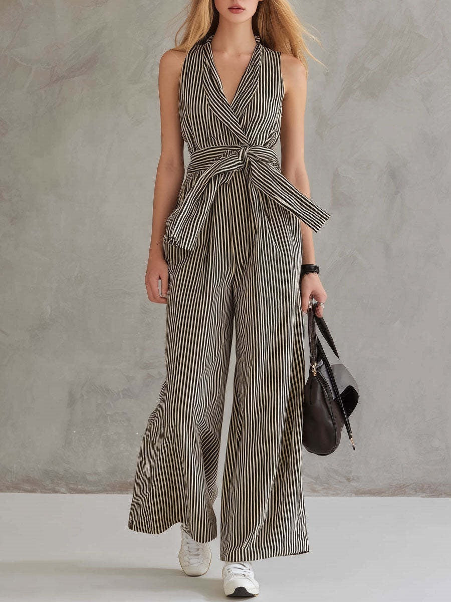 Women's Sleeveless Shirt and High-Waisted Wide-Leg Printed Stripe Pants Two-Piece Outfit Set