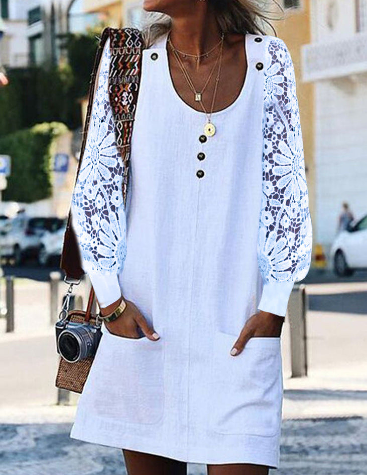 Women’s Summer Solid Color Hollow Detail Long Sleeve U-Neck Button Pocket Dress
