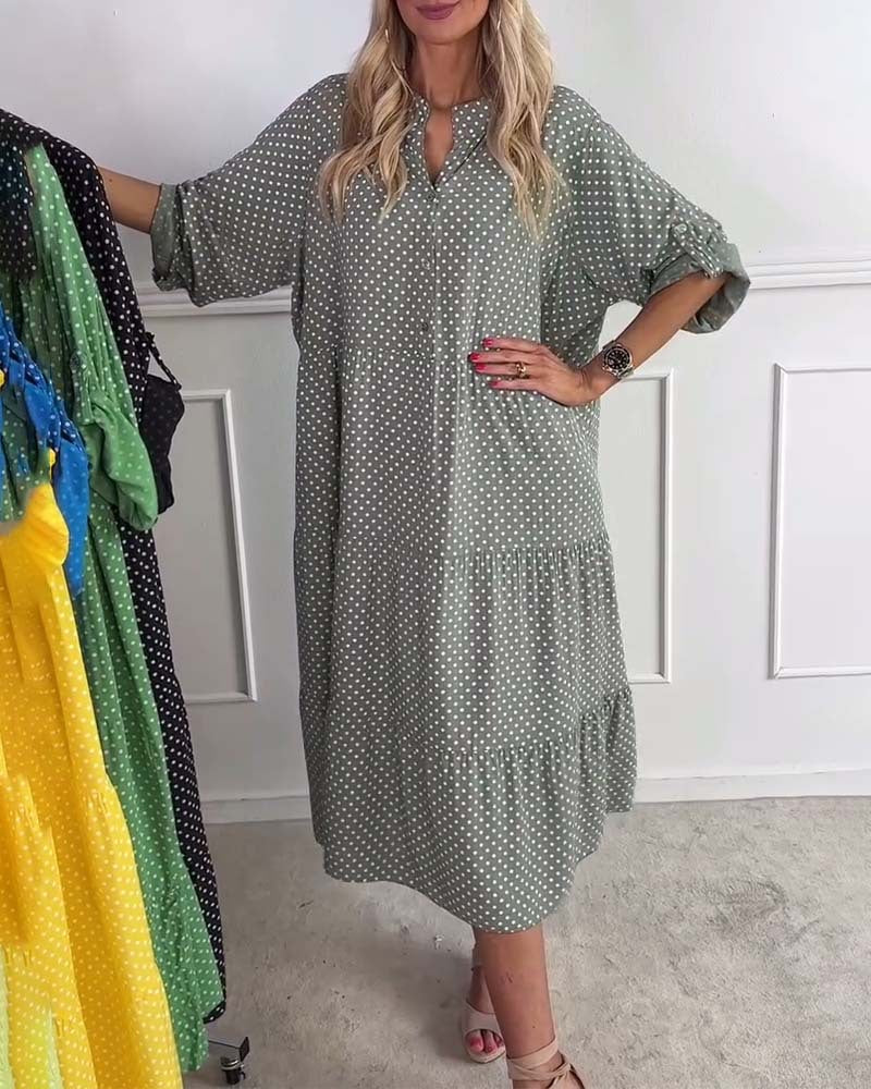 Women's Summer Printed Stand-Up Collar Polka Dot Button Loose Dress