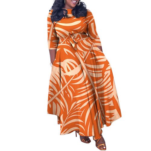 Autumn/Winter Elegant Tie-Waist African Print Long Dress – Plus Size Fashionable Foreign Trade Maxi Dress