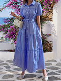 Women's Plus Size Blue Waist-Cinching Maxi Dress, Elegant European Inspired Style, Flattering A-Line Long Dress for Casual, Part