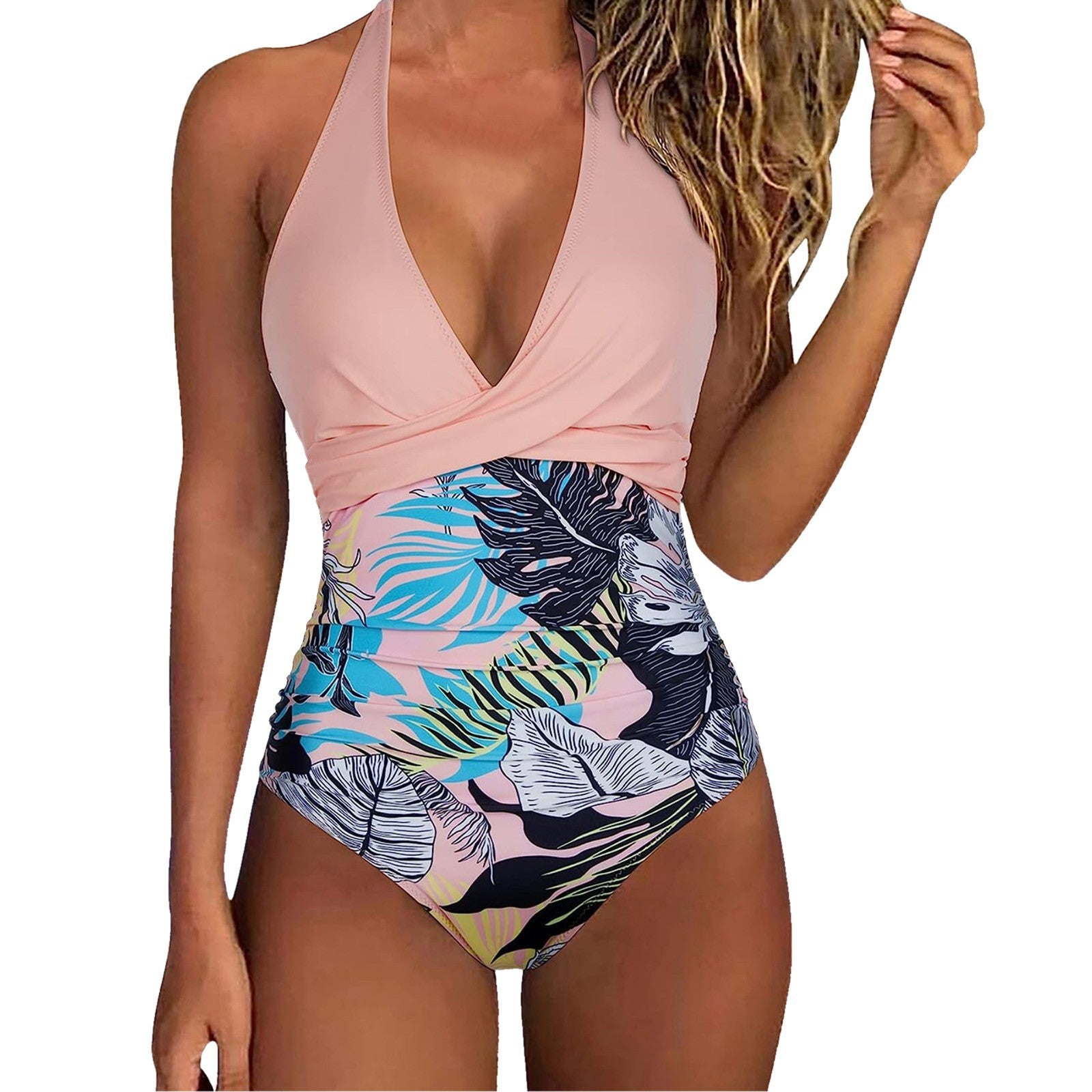 New Digital Print Halter Neck Bikini & V-Neck Ruched One-Piece Swimsuit