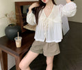 Women's V-Neck Lace Hollow-Out Tie-Up Puff Sleeve Babydoll Sun Protection Shirt