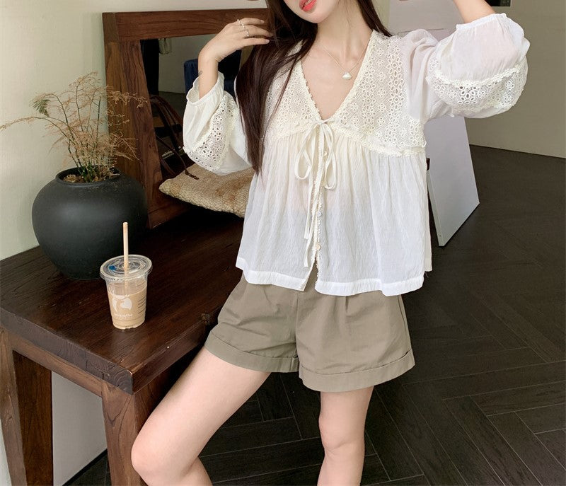 Women's V-Neck Lace Hollow-Out Tie-Up Puff Sleeve Babydoll Sun Protection Shirt
