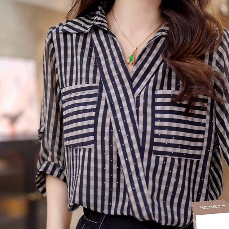 Women's Elegant Summer Chiffon Striped Thin Shirt Top