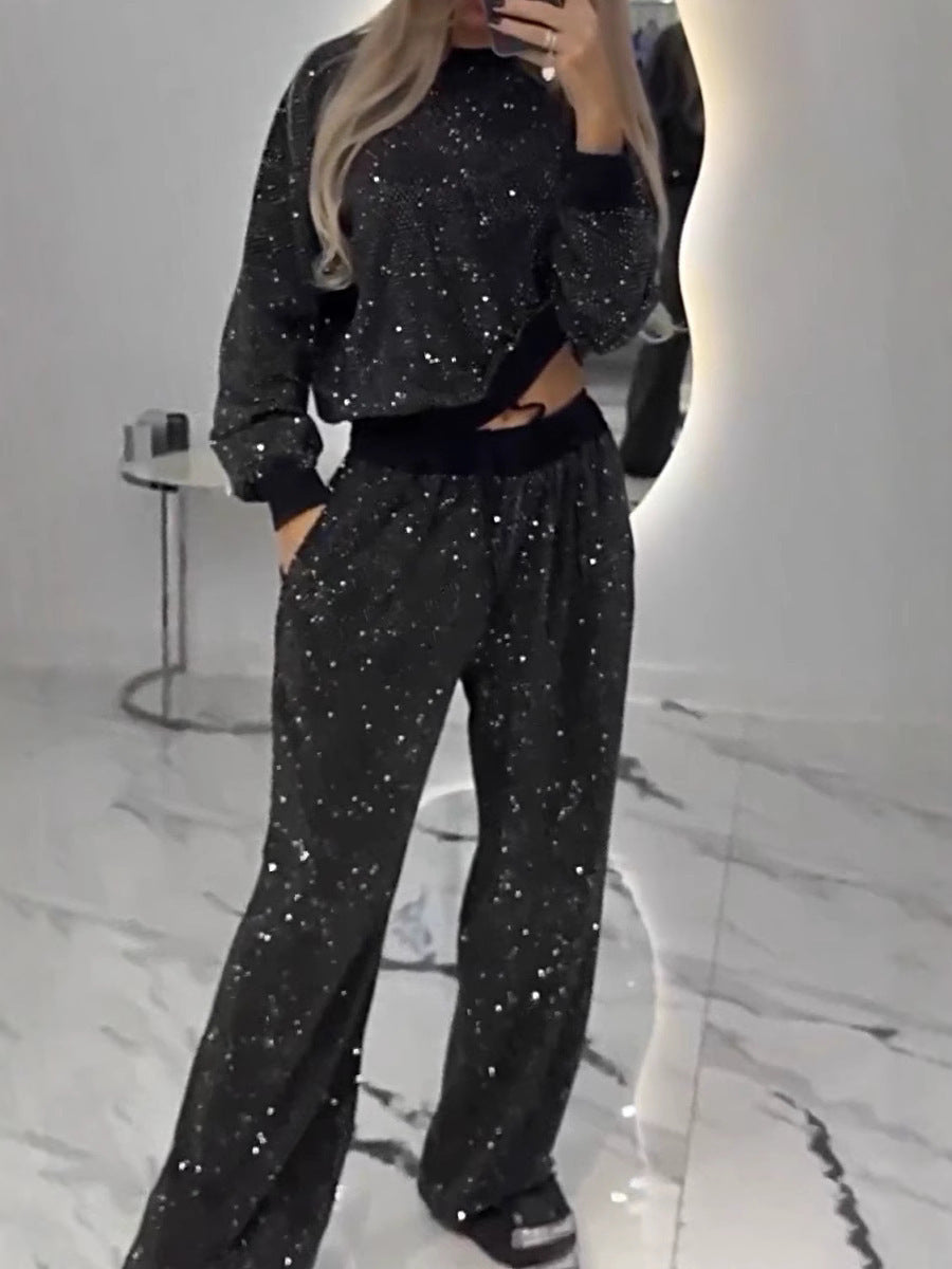 Women's Long Sleeve Round Neck Loose Top and Pants Two-Piece Matching Set