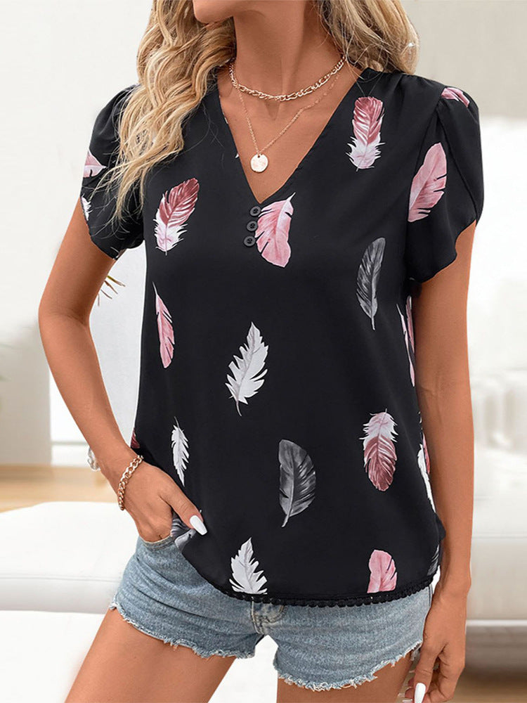 Women's V-Neck Feather Print Short Sleeve Loose Fit Casual T-Shirt Top