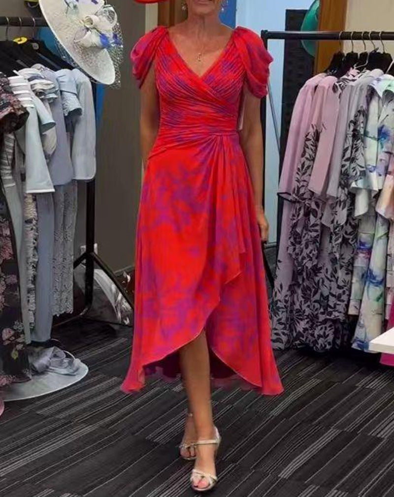 Women's Printed V-Neck Short-Sleeve Waist-Defined Casual Dress