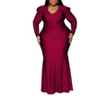 Plus Size Women's V-Neck Long Sleeve Solid Color Nightclub Maxi Dress – Autumn & Winter Elegant Long Skirt