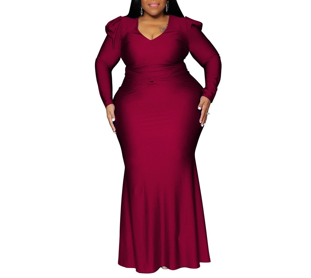 Plus Size Women's V-Neck Long Sleeve Solid Color Nightclub Maxi Dress – Autumn & Winter Elegant Long Skirt