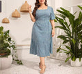 Plus Size Women's Square Neck Floral Dress with Short Sleeves, Slim Fit Mermaid Maxi Dress, Elegant Floral Print Occasion Dress