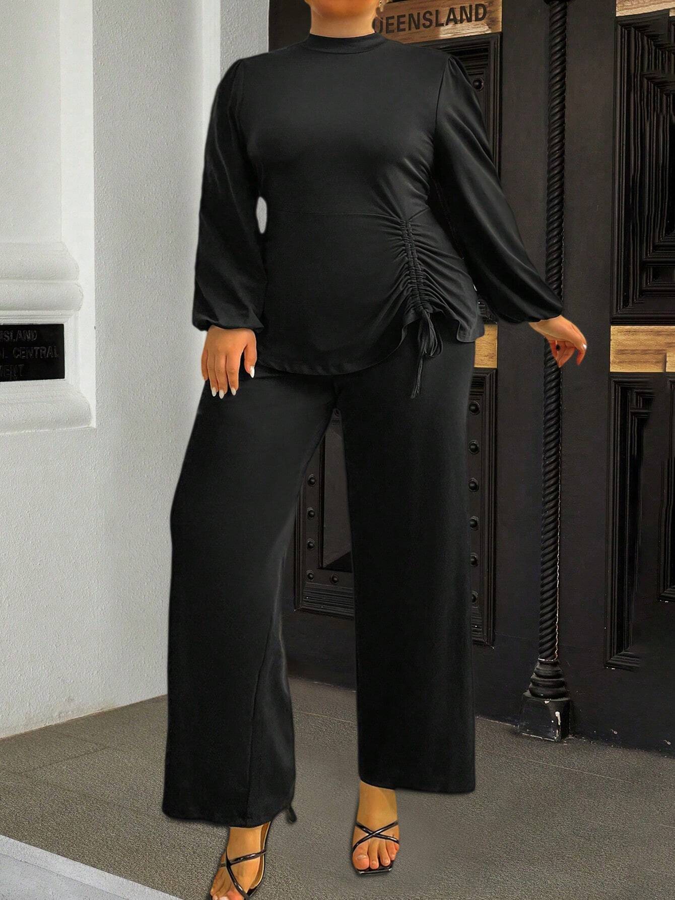 Plus Size Women's Autumn Winter Two-Piece Suit – Elegant Solid Color Blazer and Pants Set, Simple Fashionable Business Outfit fo