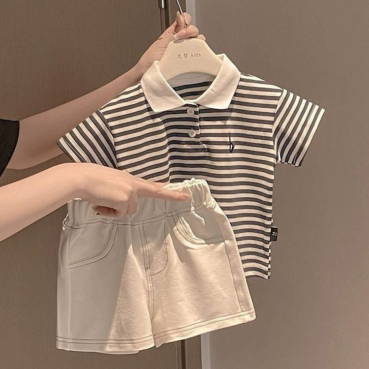 Summer Baby Boys & Girls Striped Lapel Polo T-Shirt with Matching Shorts Set - RAC26JP5375BATS