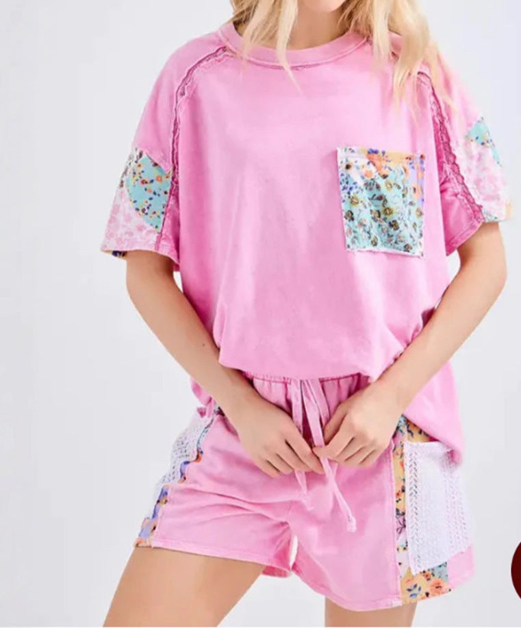 Summer Casual Round Neck Short-Sleeved Floral Patchwork T-Shirt Top for Women