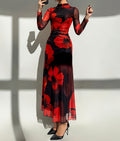 Women's Autumn Floral Print Mesh Panel Long Sleeve Slim Fit Elegant Midi Dress
