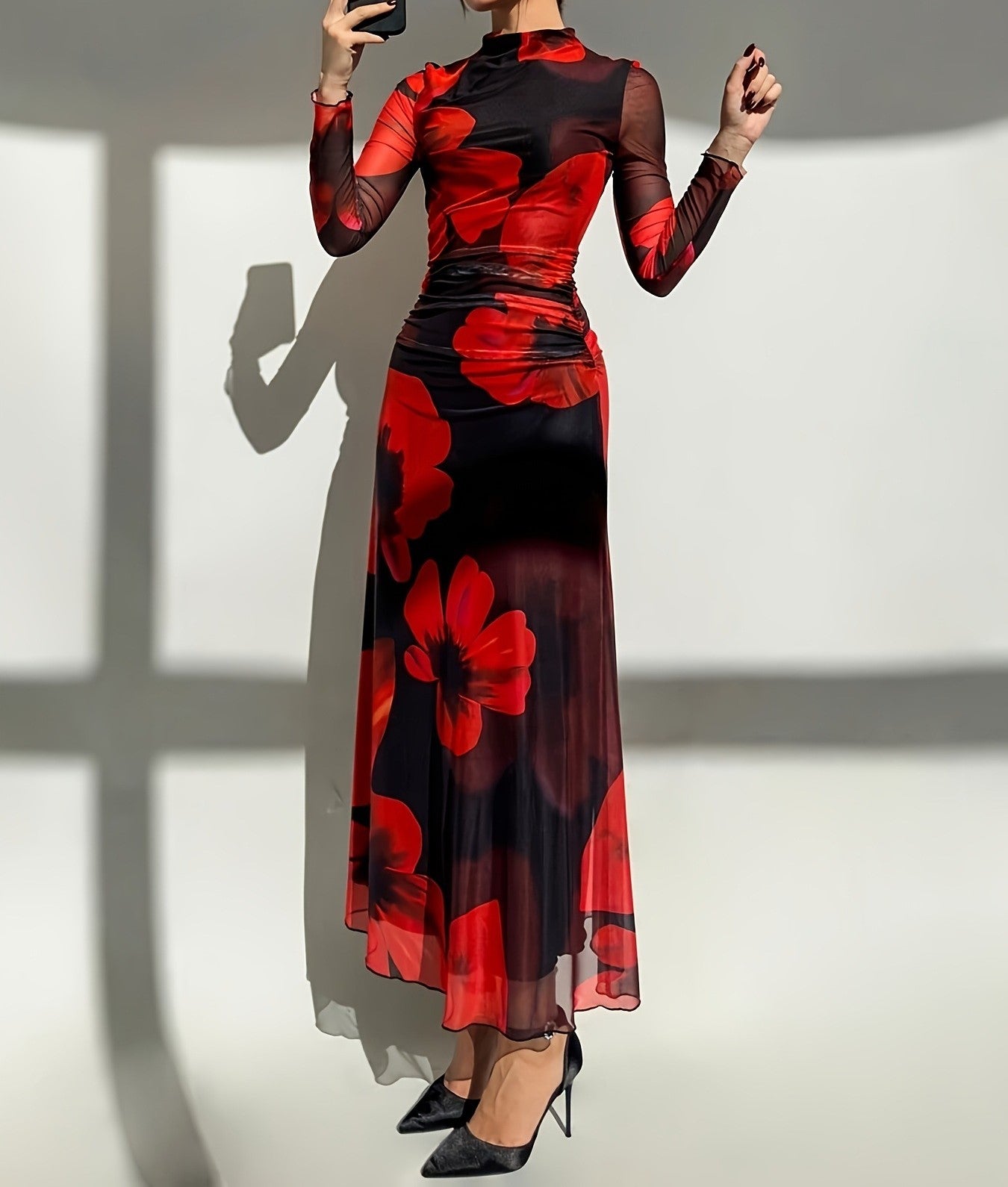 Women's Autumn Floral Print Mesh Panel Long Sleeve Slim Fit Elegant Midi Dress