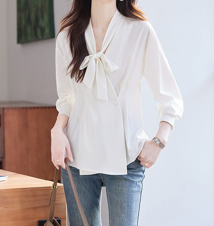 Elegant Women's Bow Detail Long-Sleeve Shirt - Premium Spring & Autumn Fashion Top