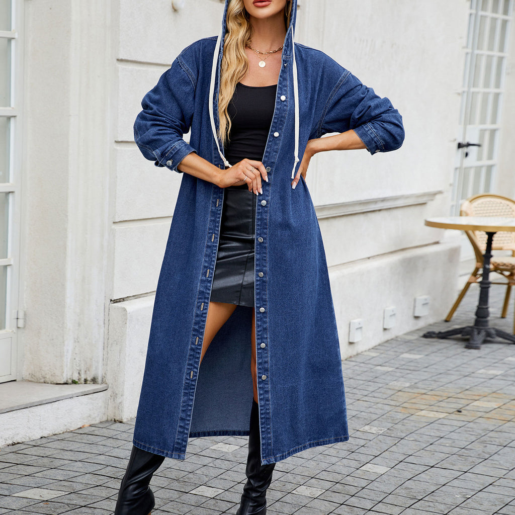 Women’s Washed Long Denim Jacket with Hood – Lightweight Spring & Summer Windbreaker Coat