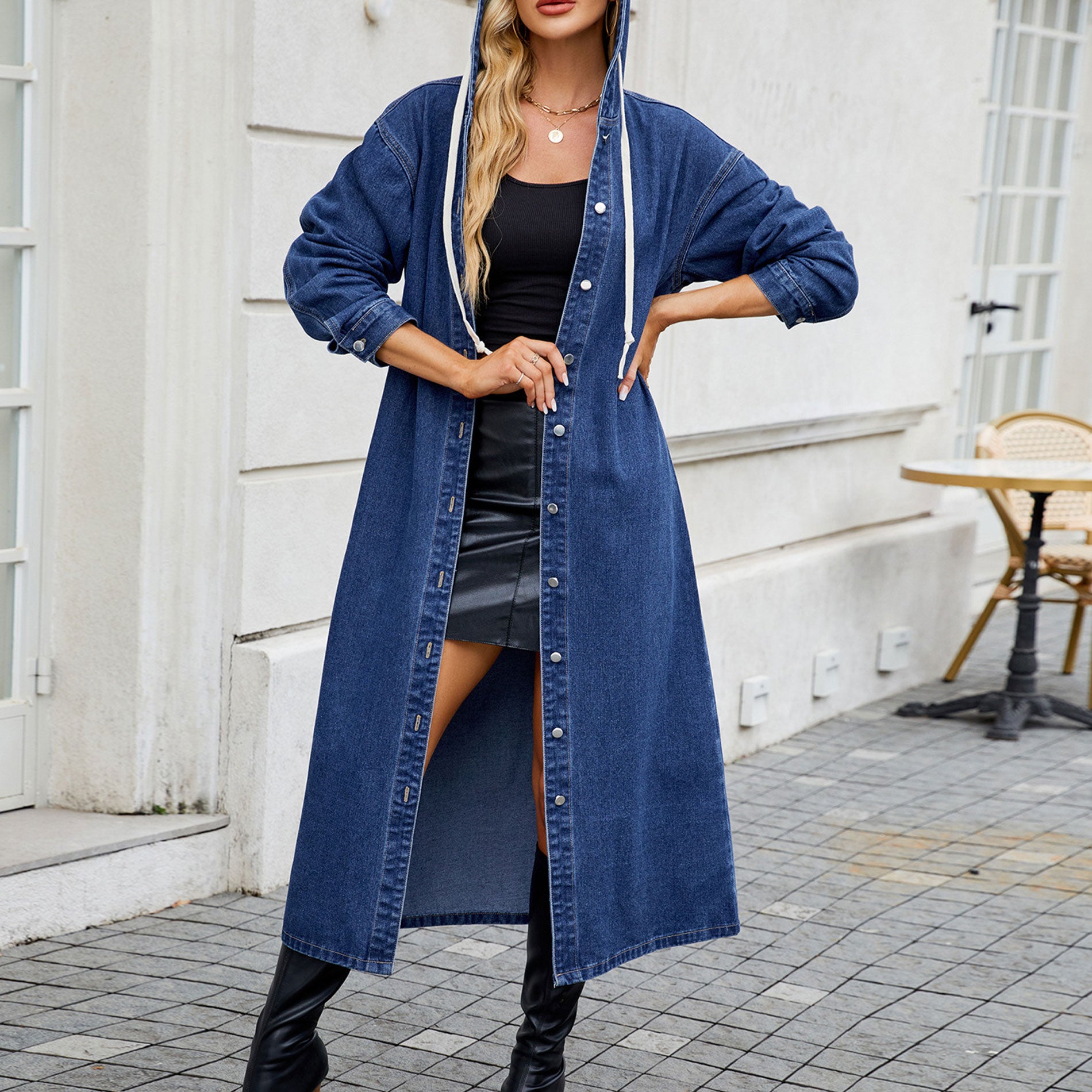 Women’s Washed Long Denim Jacket with Hood – Lightweight Spring & Summer Windbreaker Coat